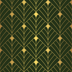 Art Deco diamond fan pattern. Luxury gold and green geometric decor. 