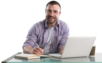 Happy cheerful businessman working on a laptop in office.