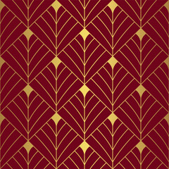 Art Deco diamond fan pattern. Luxury gold and red geometric decor. 