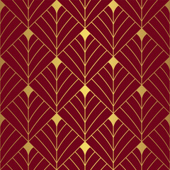 Art Deco diamond fan pattern. Luxury gold and red geometric decor. 