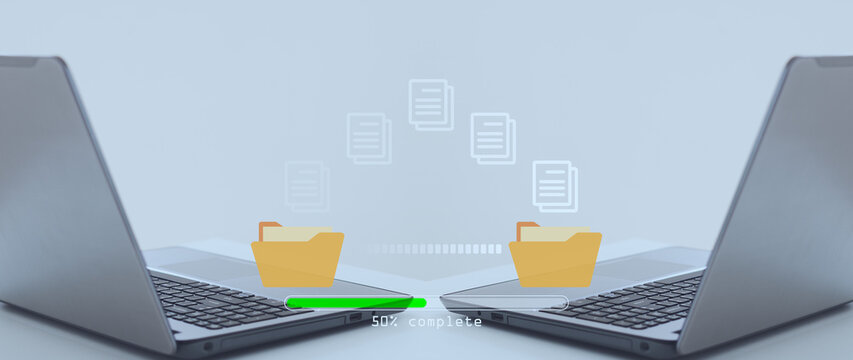 Data transfer concept.  Transfer files of data between folders on computer laptops, Copy files, Backup data, Exchange of file on folder, DMS. Virtual document loading to another folder.