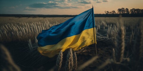 Ukraine Flag. Ukrainian flag on wheat field. Ukraine war. Pray for Ukraine. blue and yellow .AI generative