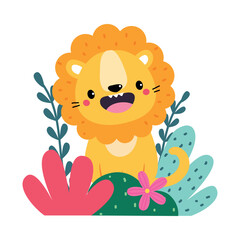 Cute lion in bushes. Adorable African baby animal on nature cartoon vector illustration © topvectors