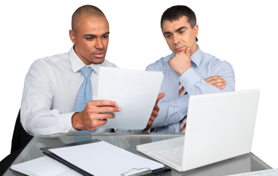 Business people making report with laptop isolated on white background