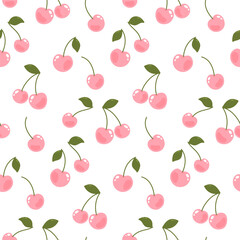 Cute vector seamless pattern with cherry and leaves on white background - 574074307