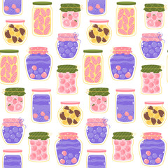Cute vector seamless pattern with glass jars of berry jam, marmalade and jelly on a white background