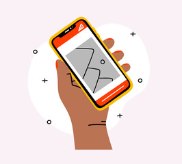 Hand holding smartphone with photo icon on smartphone screen. Multimedia, photo album application concept. Modern simple flat design for web banners, website, infographics. Creative vector 