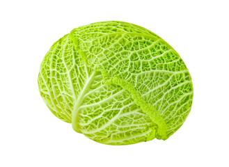 Savoy cabbage head, winter green vegetable, isolated on white background with clipping path