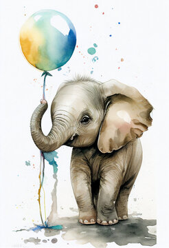 Baby Elephant Watercolor Painting, Nursery Wall Art Decor, Baby Animal Print, Nursery Decor, generative, ai, generative ai