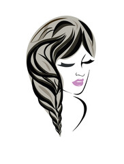 woman with long hair. Beautiful sexy face, pink lips, fashion woman, element design, curly hairstyle, hair salon sign, icon. Beauty Logo. Vector illustration. Hand drawing style.