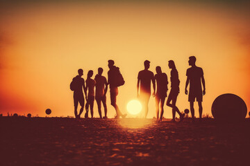 Sunset Soccer Match - group of friends enjoying an amateur soccer match on a beautiful summer evening with the sun setting behind them, generative ai