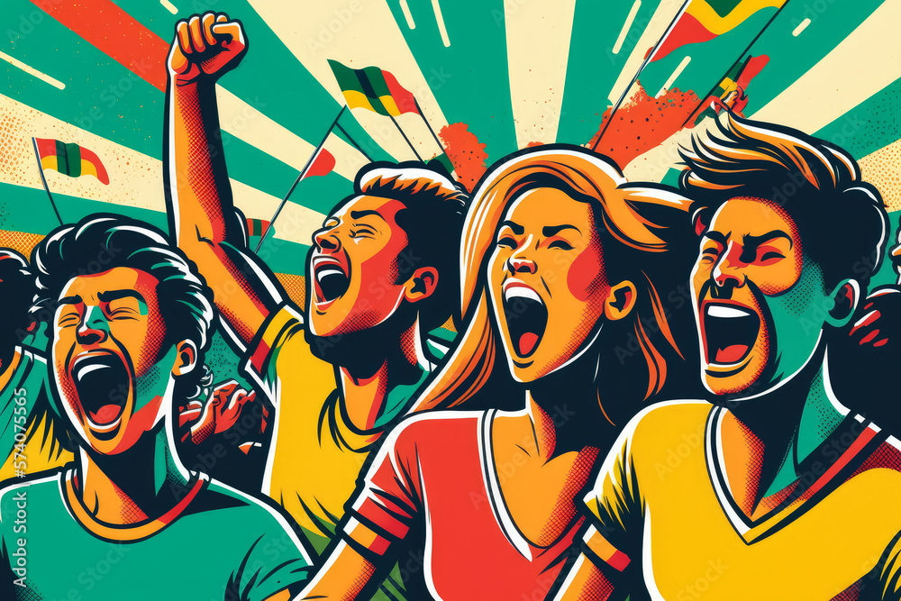 Wall mural Soccer Fans Unite Illustration of a group of enthusiastic soccer fans cheering for their team, generative ai