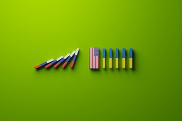 Dominoes with the flag of Russia and the flag of Ukraine, where Russia's bricks are held back by the US flag. The concept of war caused by Russia, Russia's aggression in Ukraine. 3D illustration.