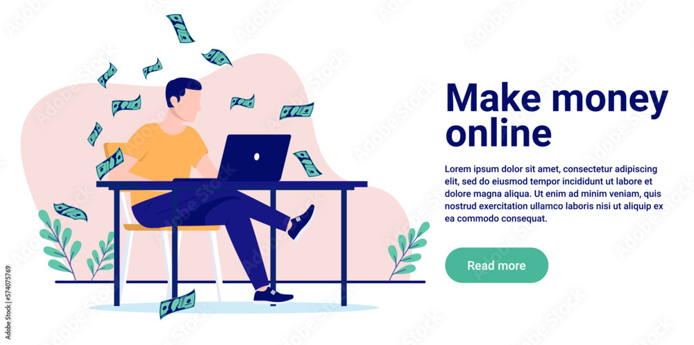 Leinwandbilder make money online - person sitting at desk with computer making lots of paper money. flat design vec