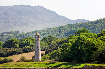 Cornamucklagh round tower. A 19 C navigational aid near Omeath on the Cooley peninsula, County Louth, Ireland. South from the top of Carlingford Lough
