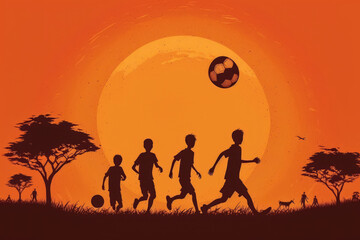silhouette of children playing soccer at sunset with a beautiful orange sky, generative ai