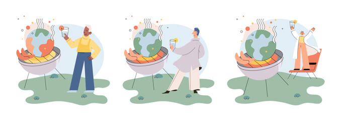 Global warming. High temperature and hot weather Earth. Climate change concept. Hot melt planet earth. Global warming heating impact. Tiny people. Raising global temperature. People energy use planet