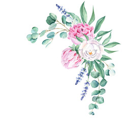 Watercolor corner bouquet, white and pink peonies, lavender, eucalyptus. Hand painted illustration isolated on white background. Can be used for greeting cards, wedding invitations, save the date