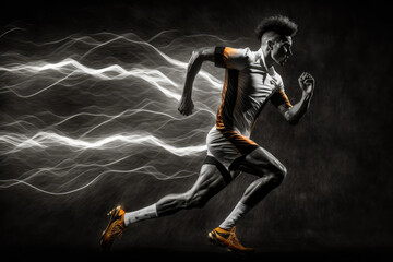 Exciting professional soccer player making a lightning-fast sprint down the field with the ball, generative ai