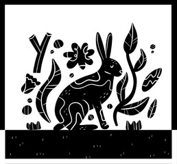 Black rabbit hand drawn vector illustration. Bunny, funny hare cartoon character. Forest animal with long ears isolated on white background. Childish t shirt print design. forest fauna. Zoo mammal. 