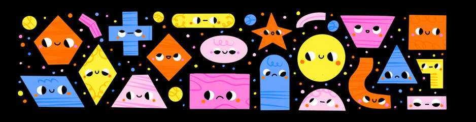 Big Set of Various bright basic Geometric Figures with face emotions. Different shapes. Hand drawn trendy Vector illustration for kids. Cute funny characters. All elements are isolated