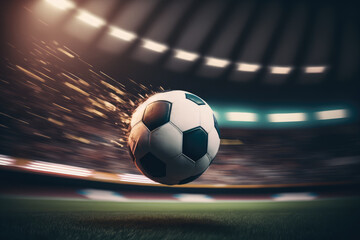 Dynamic close-up of a soccer ball flying through the air towards the goal with a blurred stadium in the background, generative ai