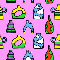 Abstract vase. Simple Various Vases. Hand drawn colored Vector Seamless Patterns. Backgrounds. Naive art, Infantile Style Art. Colorful trendy illustration. Perfect to use for textile print, wallpaper