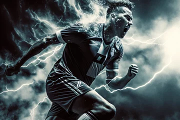 Fotobehang dramatic slow-motion shot of a soccer player scoring a game-winning goal amidst a storm of lightning, generative ai © aicandy