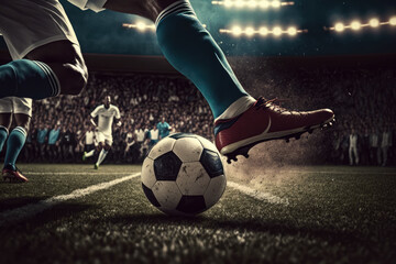 Naklejka premium close-up of a soccer player's foot striking the ball in a packed stadium, generative ai