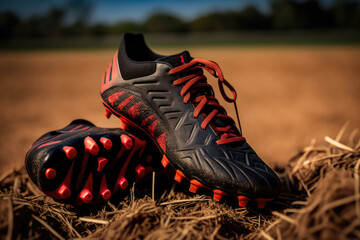 Close-up of a pair of black and red soccer shoes on a dirt field, showing the grip and traction, generative ai