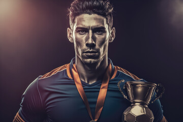 Fototapeta na wymiar Portrait of a confident and charismatic soccer player with his team's jersey and holding a trophy, generative ai