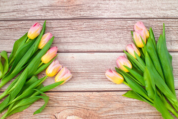 Spring tulips on wooden background. Wooden background with pink tulips with a place for text on March 8. Mother's Day, Valentine's Day, International Women's Day.