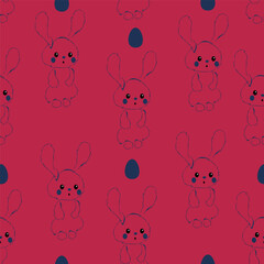Fototapeta premium Happy Easter seamless pattern. Fashion design with fluffy linear easter bunny and easter eggs. Easter pattern for banner, brochure, postcard, flyer, promotional items, wrapping paper and wallpaper.