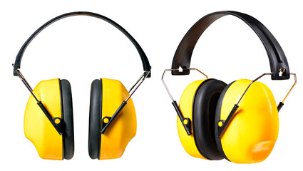 Hearing protectors used by production workers in high noise environments. Isolated background.