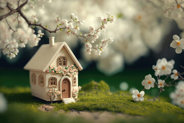 a small white house between white flowers. miniature. Generative AI