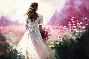 Fototapeta na wymiar creative image of a woman in a white dress in a field of flowers. soft watercolors. Generative Ai