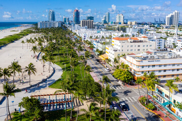 Aerial View of South Beach,Early Morning.Ocean Drive,Miami Beach,Miami,Florida.United States,USA