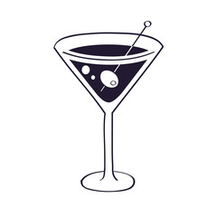 Martini glass with olive, vermouth wine cocktail vector icon.