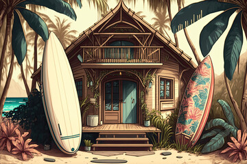 Obraz na płótnie Canvas Generative AI Summer Surf Beach House