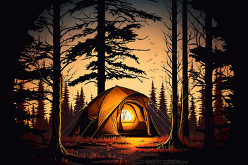 a cozy camping tent in a forest outside. Generative AI
