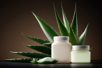 Body and face care beauty skin care cosmetic products with aloe vera. Lotion, essential oil, cream. Generative AI 