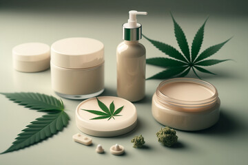 Obraz na płótnie Canvas Body and face care beauty skin care cosmetic products with cannabis. Lotion, essential oil, cream. pastel color. Generative AI 