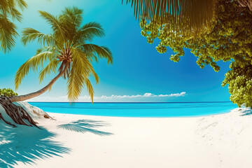 Fototapeta na wymiar paradisiacal beach in the caribbean with palm trees sun and a turquoise sea. Generative AI