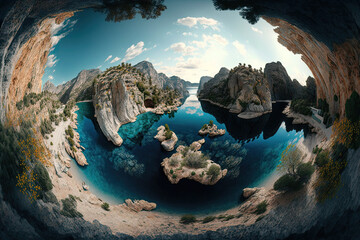 Steep cliffs and mountains jut out of the water. Generative AI