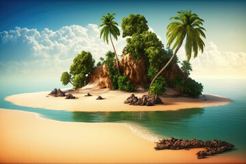 paradise island in the caribbean with palm trees sun and a turquoise sea. Generative AI