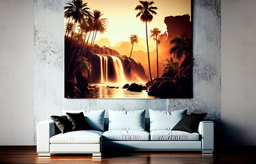 Palm trees against sunset sky, tropical coast with waterfall and mountains on a background, river, lake. Generative AI
