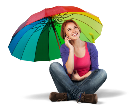 Portrait of a Woman Talking on the Phone Sitting under Colorful Umbrella - Powered by Adobe