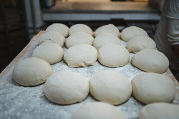 Fototapeta na wymiar Several round shaped bread doughs in row resting on board in bakery