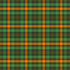 St. Patrick day tartan plaid. Scottish pattern in orange and green cage. Scottish cage. Traditional Scottish checkered background. Seamless fabric texture. Vector illustration