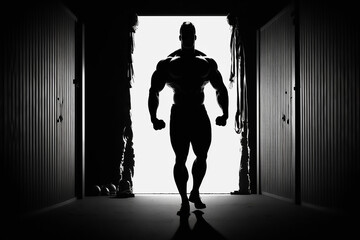 Body Builder Weight Lifter Athlete Sports Man Muscular Silhouette, Black and White, Greyscale Grunge Doorway, Open Door, Gym, Arnold,